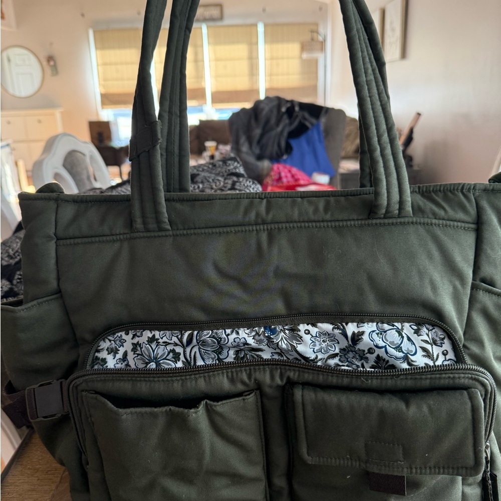 Olive Green Tote Bag with Floral Interior